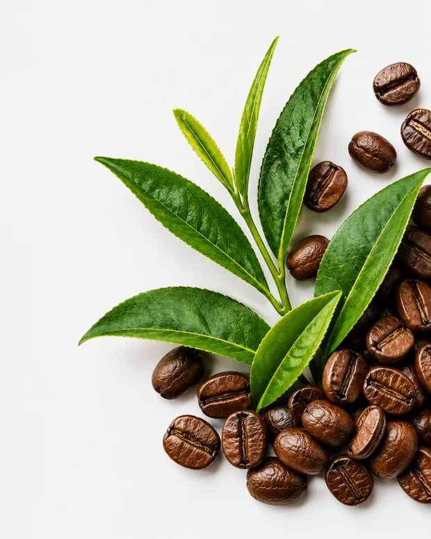Coffee beans and tea leaf